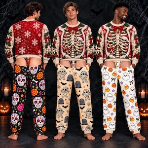 Könnte beinhalten: Drei Sets aus langärmeligen Pullovern und passenden Hosen mit Taillenausschnitten. Die Pullover zeigen Skelett-Brustkorb-Motive mit roten Schleifen. Die Hosen sind mit Mustern aus Totenköpfen, Mumien und Geistern bedruckt.
