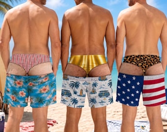 Funny Men’s Swim Trunks, Custom Fake Underwear Beach Shorts, Wide Load Birthday Gag Gift For Him