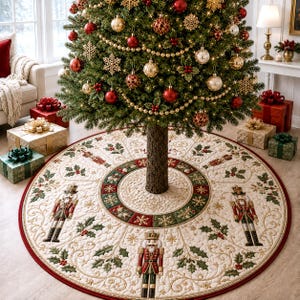 May include: A round, quilted Christmas tree skirt featuring a cream-colored base with embroidered nutcracker figures, green holly leaves, and red berries. The design includes a central ring of green and red squares with gold snowflake accents.