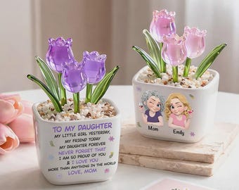 Tulipanes de cristal personalizados "Mamá e hija para siempre", maceta "Mamá e hija para siempre", decoración para el Día de la Madre.