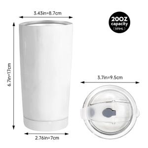 May include: A white cylindrical tumbler with a 20 oz capacity. The tumbler is 6.7 inches tall, with a 3.43-inch top diameter and a 2.76-inch base diameter. It includes a clear lid with a 3.7-inch diameter and a small gray sliding closure mechanism.
