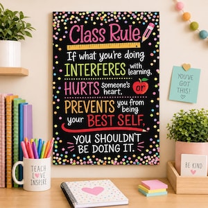 May include: A rectangular wall sign with a black background and colorful confetti border. The text reads: Class Rule. If what you're doing INTERFERES with learning, HURTS someone's heart, or PREVENTS you from being your BEST SELF, YOU SHOULDN'T BE DOING IT.