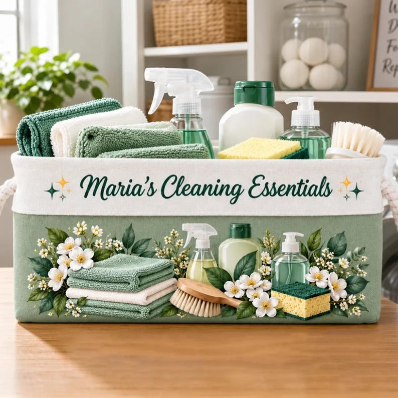 Sponge Case Text Personalized Cleaning Essentials Storage Basket, Custom Cleaning Caddy ...