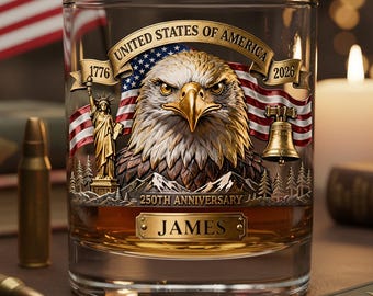 Personalized Us 250th Veteran 3d Effect Whiskey Glass, Patriotic Gift, American Eagle Statue Of Liberty Glass, 1776-2026, 4th Of July Glass