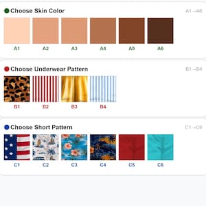 May include: A customization chart featuring three sections: Choose Skin Color with six shades labeled A1-A6, Choose Underwear Pattern with four options labeled B1-B4, and Choose Short Pattern with six designs labeled C1-C6, including stripes and florals.