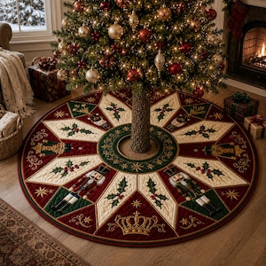 May include: A circular quilted Christmas tree skirt featuring a star-shaped pattern with alternating panels of deep red and cream fabric. The design includes embroidered nutcracker figures, holly leaves with red berries, and gold crowns.
