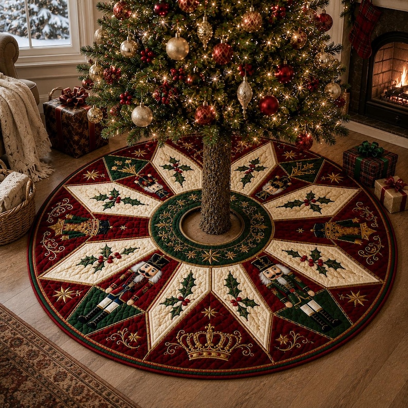 May include: A circular quilted Christmas tree skirt featuring a star-shaped pattern with alternating panels of deep red and cream fabric. The design includes embroidered nutcracker figures, holly leaves with red berries, and gold crowns.