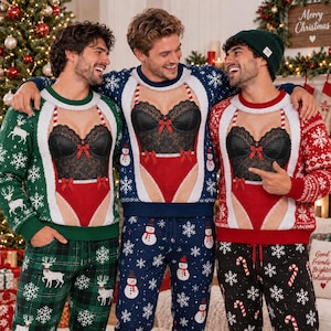 May include: Three long-sleeved jumpers featuring a graphic print of a black lace bustier and red lingerie over a white faux-fur trim. The jumpers are green, blue, and red with snowflake, reindeer, snowman, and candy cane patterns.