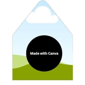 May include: A white tag-shaped graphic with a sky and grassy field design. A large black circle in the center contains the text "Made with Canva" in white. The top of the tag has a cloud shape.