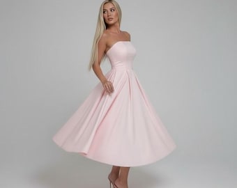 Formal Strapless Midi Dress: Elegant Crepe Gown for Bridal Shower, Cocktail Party & Events