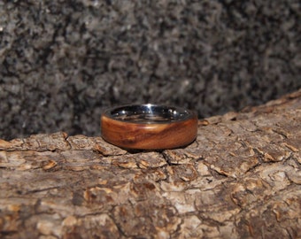 Wood Ring Size 8 - Olive  wood and stainless steel ring