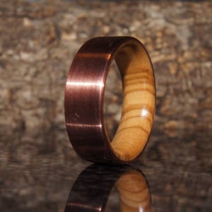 Olive wood & copper ring, inner wood sleeve