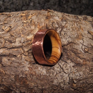 Olive wood and copper ring, inner Wood sleeve, beaten texture