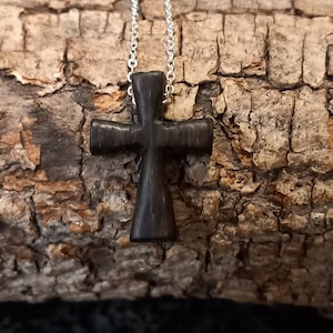 Fossil bog oak cross & sterling silver chain