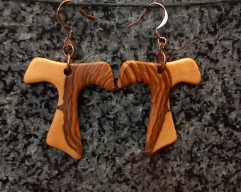 Earrings - Olive Wood, Tau - Cross