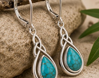 Sterling Silver Turquoise Teardrop Earrings, Handmade Dangle Earrings Jewelry, Luxury Boho Gift for Women