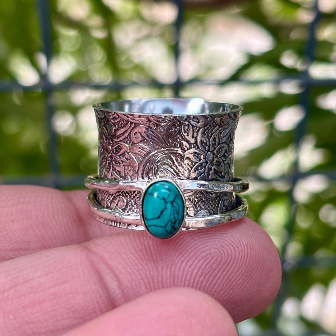 Handmade Turquoise Sterling Silver Spinner Ring, Wide Textured Band - Etsy