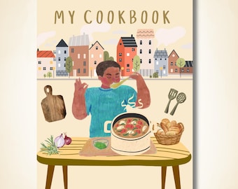 May include: Illustration of a cookbook cover with the text "MY COOKBOOK". The image depicts a person tasting soup from a pot on a table. Other items on the table include a cutting board, vegetables, and a basket of bread. A cityscape is in the background.