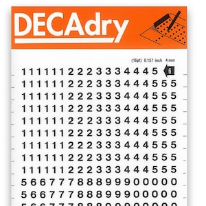 Puede incluir: Una hoja de letras de transferencia en seco DECAdry con números y símbolos negros, y el nombre de la marca en blanco. La hoja incluye varios tamaños y estilos de números y símbolos.