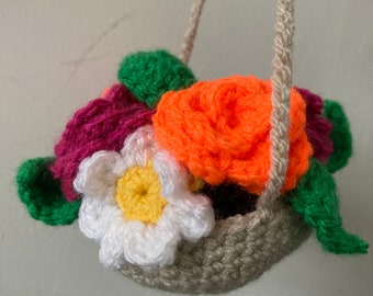 Crochet Rose Plant, Car Crochet Plant Hanging basket, Car Accessories, Plant Lover Gift