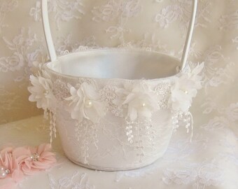 Flower Girl Basket and Pillow - Ring Bearer Pillow, Flower Girl Basket Set Venice Lace Lace