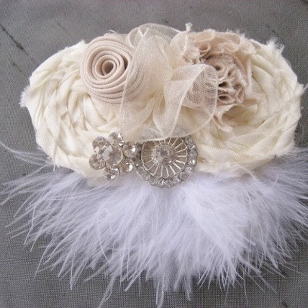 Bridal Wedding  Fascinator Headpiece Hair Clip Vanilla Cream Feathers and Rhinestones Royal Wedding