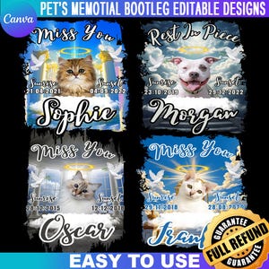 May include: A collection of pet memorial designs featuring photos of cats and a dog. Each design includes the pet's name, dates, and the phrases "Miss You" or "Rest In Piece". The designs are set against a blue sky background.
