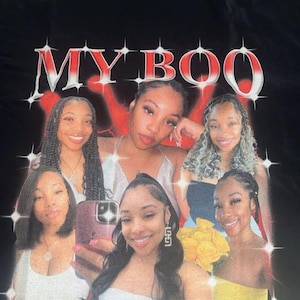 May include: Black t-shirt with the text "MY BOO" in red and white, featuring a collage of six smiling women. The design has a vintage, retro aesthetic with starburst accents.