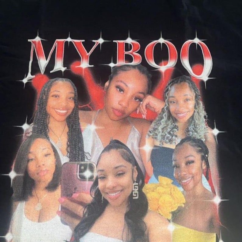 May include: Black t-shirt with the text "MY BOO" in red and white, featuring a collage of six smiling women. The design has a vintage, retro aesthetic with starburst accents.