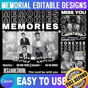 Puede incluir: Un diseño conmemorativo con las palabras "MEMORIES" y "MISS YOU" en texto blanco sobre un fondo negro. El diseño incluye fotos, fechas y las frases "FOREVER" y "EASY TO USE". También hay un sello de garantía de reembolso completo.