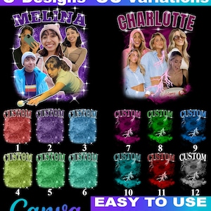 May include: A promotional image showcasing customizable templates with the text "6 Designs 36 Variations." The designs feature the names "MELINA" and "CHARLOTTE" above images. Below are 12 color variations with the word "CUSTOM" and numbers.