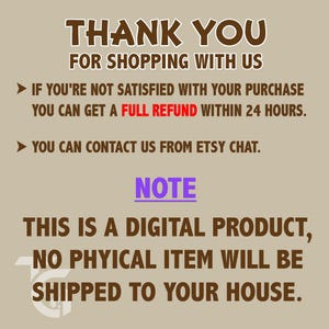 May include: Tan background with text in brown and purple. The text reads "THANK YOU FOR SHOPPING WITH US." Additional text states the product is digital and no physical item will be shipped.