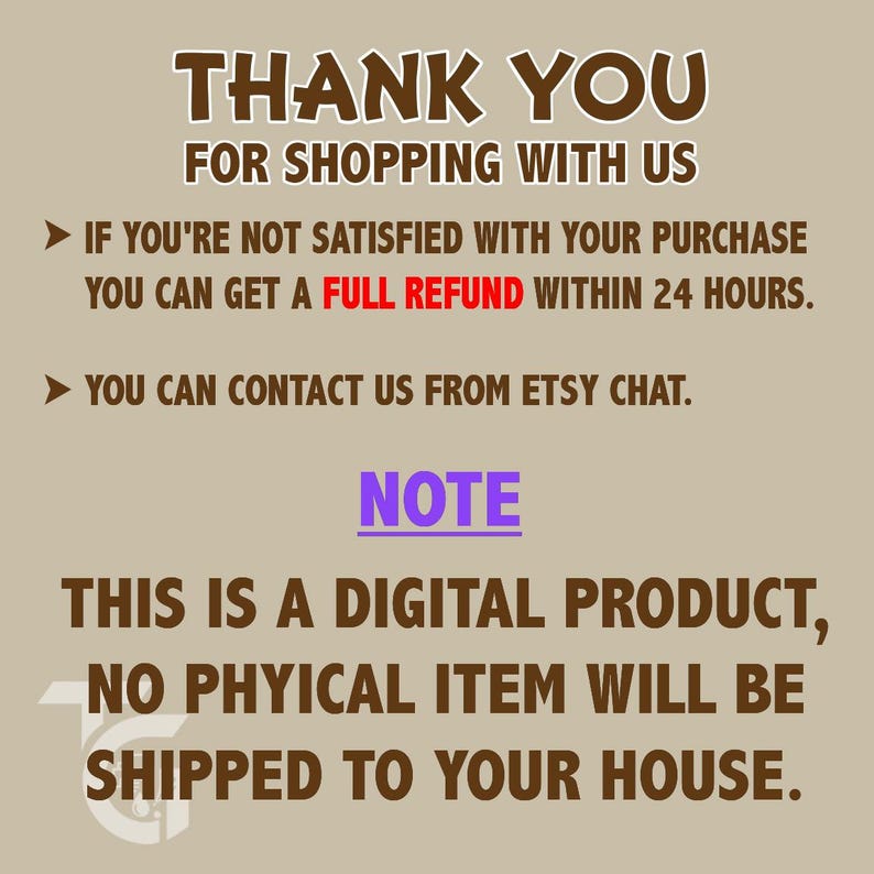 May include: Tan background with text in brown and purple. The text reads "THANK YOU FOR SHOPPING WITH US." Additional text states the product is digital and no physical item will be shipped.