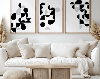 Conjunto de láminas decorativas geométricas modernas para pared. Láminas abstractas en blanco y negro (paquete de 3) de 50 x 70 cm. Descarga digital.