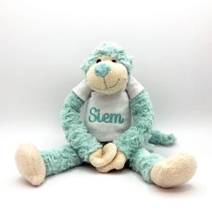 Op de afbeelding: Een zachte aap in tinten van teal, crème en wit. De aap zit met uitgestrekte benen en armen langs zijn zij. Hij draagt een wit t-shirt met de naam "Siem" in teal geborduurd. De aap heeft een zacht, getextureerd uiterlijk.