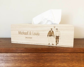 Caja de pañuelos de madera natural grabada, diseño de matrimonio para hombres, caja de pañuelos personalizada, caja de pañuelos grabada en madera, boda LGBTQ+, boda gay