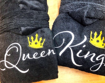 Set of hooded bathrobes - King and Queen embroidered dressing gowns - couples matching bathrobes - terry bathrobes - BLACK robes