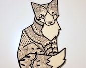 Iron on patch, geometric fox, sacred geometry, tattoo drawing, fox mandala design, zentangle, applique, 9" / 23cm - 057