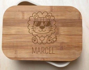 Gravierte Bambus Lunchbox, personalisierte Lunchbox, gravierte Mahlzeitbox, Sandwichbox, Cool Lion