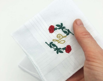 SET de 2 mouchoirs blancs avec broderie monogramme roses, mouchoirs brodés, cadeau pour lui, mouchoirs en coton