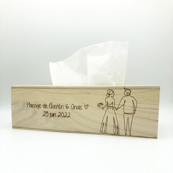 Boîte à mouchoirs en bois naturel gravée, design fin pour mariage, boîte à mouchoirs personnalisée, boîte à mouchoirs en bois gravée, cadeau de mariage