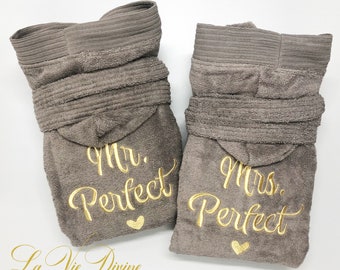 Set of hooded valentines day gift bathrobes - Mr and Mrs perfect embroidered dressing gowns - couples matching bathrobes - TAUPE robes