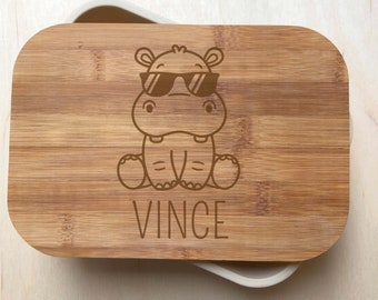 Gravierte Bambus Lunchbox, personalisierte Lunchbox, gravierte Mahlzeitbox, Sandwichbox, Cool Hippo