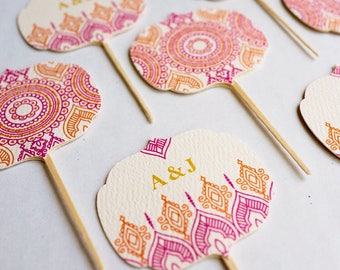 Personalized Indian Hindu Wedding Cupcake Toppers. Henna Mehndi Party Decoration. Hindu Wedding Cake Toppers. Moroccan style. Sets of 9