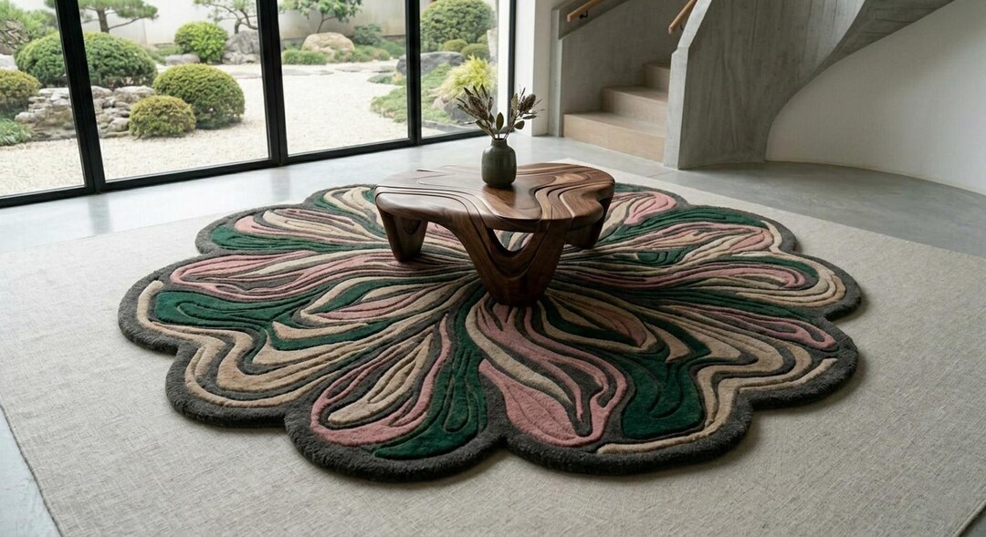 Sculpted Flower Shaped Wool Rug – Hand Tufted Irregular Designer Area ...