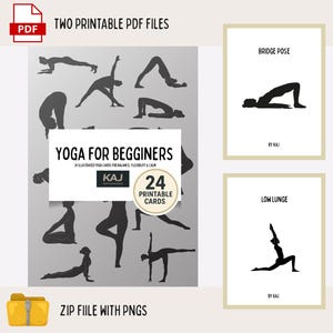 Puede incluir: Descarga digital con posturas de yoga para principiantes. La imagen incluye varias posturas de yoga en silueta, junto con cuatro ilustraciones enmarcadas de posturas individuales. El texto dice "Yoga para principiantes" y "24 tarjetas imprimibles".