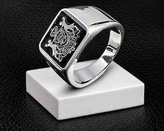 Custom Family Crest Signet Ring, Silver 925 Engraved Logo Ring, Square Face