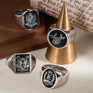 Personlig vapensköldsring, familjevapenring i sterlingsilver, anpassad initialring i svart emalj, vintage herr- och damring