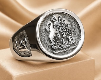 Benutzerdefinierte Familienwappen Siegelring, personalisierter Wappenring, Sterling Silber, Heraldisches Geschenk mit Gravur