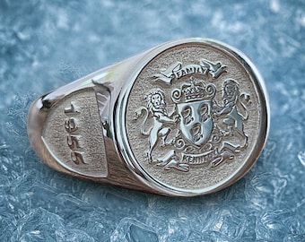 Personalized Coat of Arms Signet Ring, Custom Family Crest Wax Seal Ring in Sterling Silver, Engraved Heritage Jewelry, University Gift